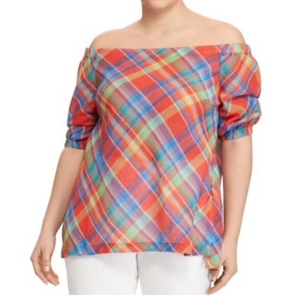Lauren Ralph Lauren Tops - $80 LAUREN Ralph Lauren Plaid Madras Crinkle Cotton Off Shoulder Top L